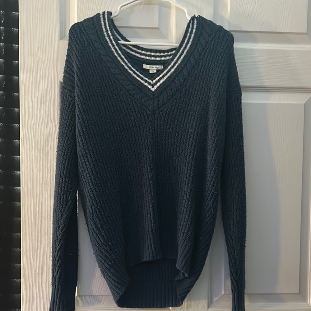 American Eagle Outfitters Blue V-Neck Sweater with White Accents